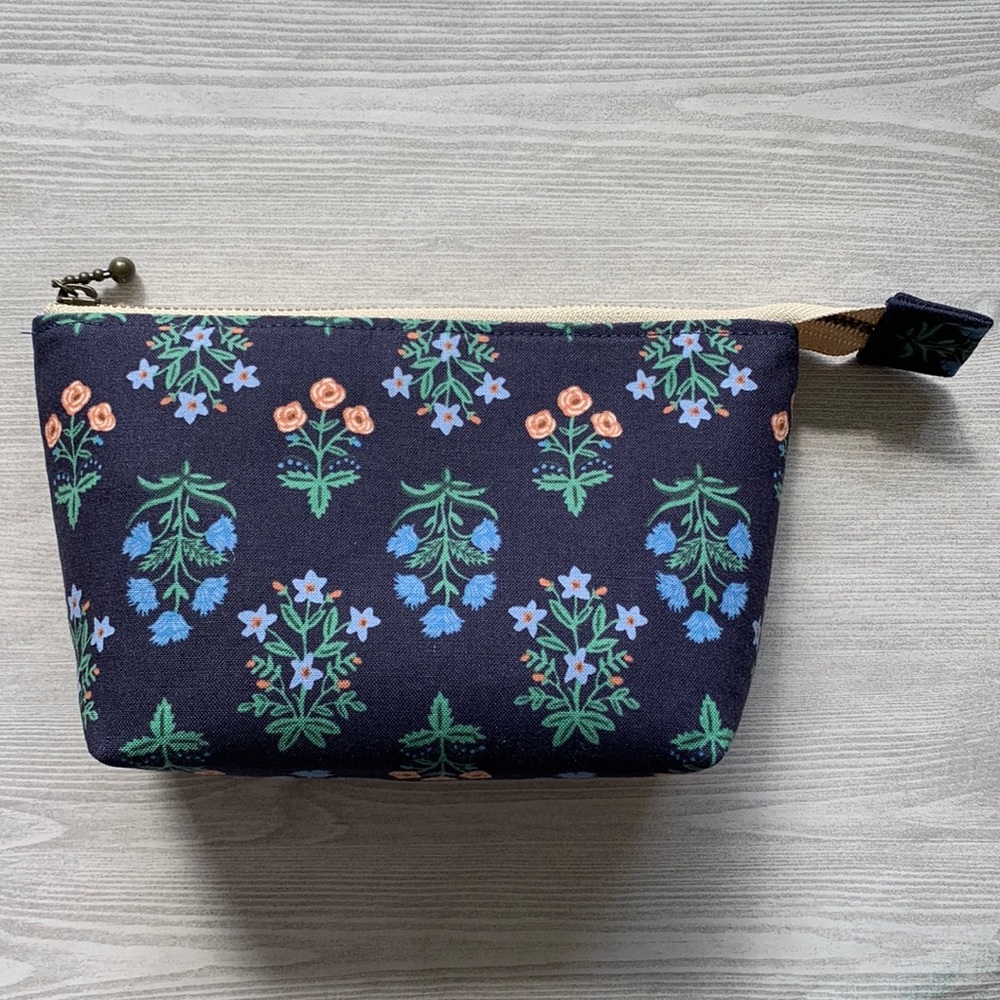 Open Wide Zipper Pouch by Rifle Paper Co. Mughal Rose Navy Fabric